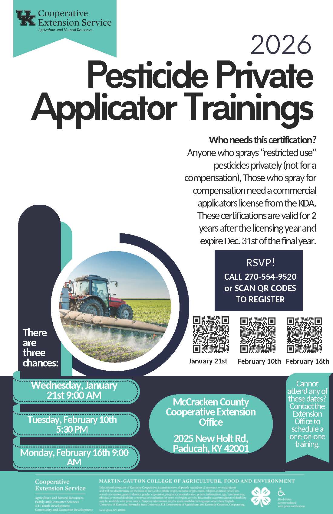 2026 Pesticide Private Applicator Trainings flyer